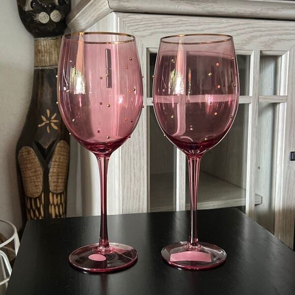 Pink and Gold wine Glasses polka dot NWOT - Picture 1 of 6